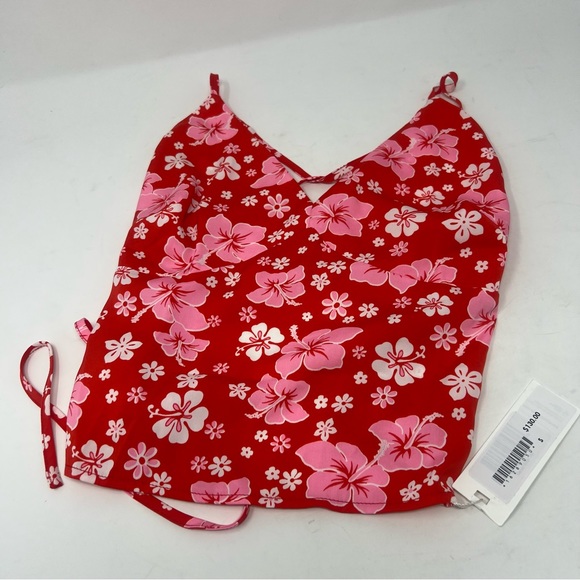 NWT Frankie’s Bikinis Macey Red Floral Satin Halter Strappy Back Tank Top - Picture 4 of 6